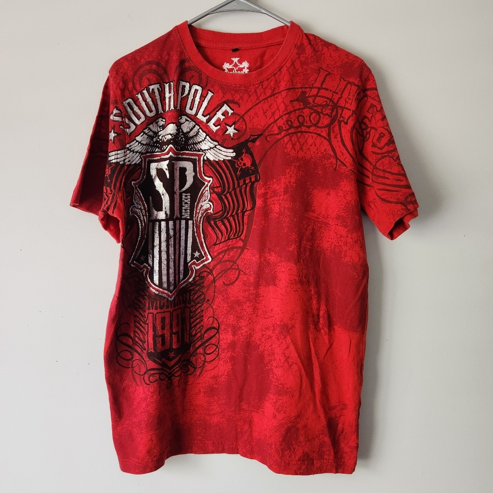 Southpole Red Retro Graphic Tshirt Silver Logo Skater Sz Medium